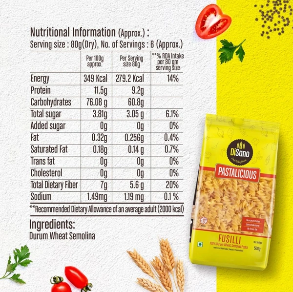 DISANO Fusilli Pasta,500gm,100% Durum Wheat,No Maida,High Protein & Fiber (Minimum Order 3)