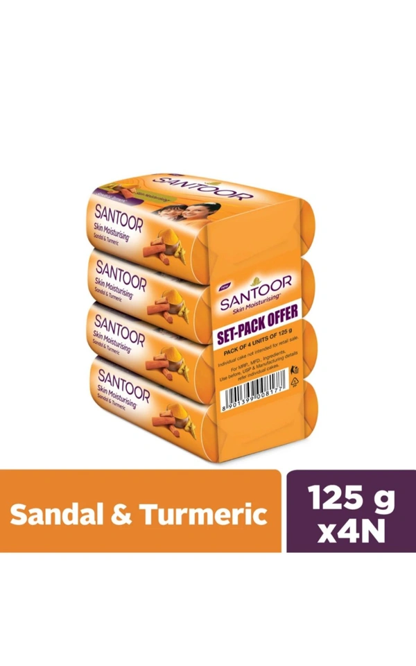 SANTOOR Santoor by Wipro Skin Moisturizing Sandal & Turmeric Bathing Bar Soap for Soft & Youthful Skin (4×125g)
