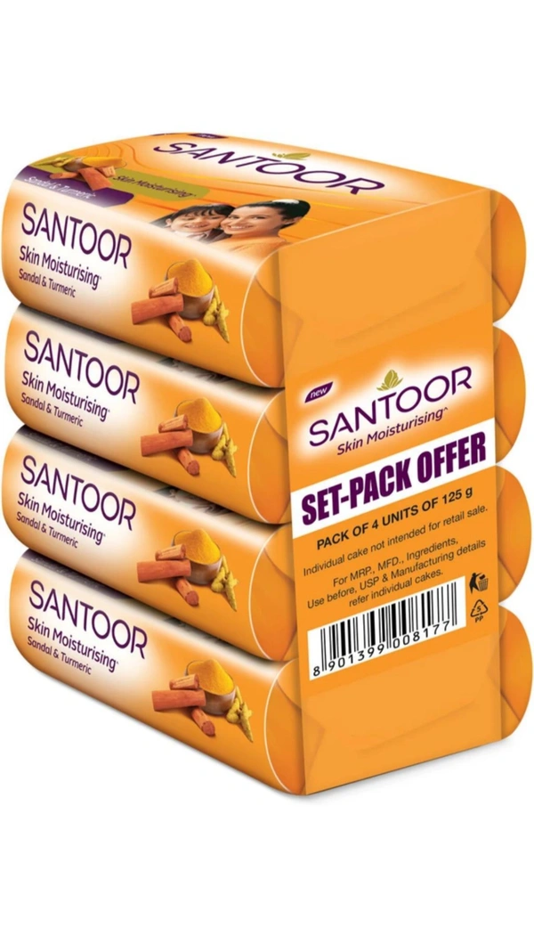 SANTOOR Santoor by Wipro Skin Moisturizing Sandal & Turmeric Bathing Bar Soap for Soft & Youthful Skin (4×125g)