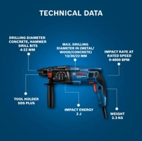 Bosch BOSCH GBH 220 Corded Electric Rotary Hammer with SDS Plus, 720 W, 2 J, 2.3 Kg, 3 Modes, For Concrete, Metal & Wood + Carrying case, , 1 Year Warranty from BOSCH, Blue