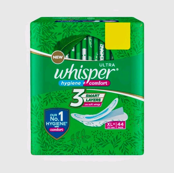 Whisper Ultra Hygiene and Comfort Sanitary Napkin with Soft Wings (XL+ ) 44 pads