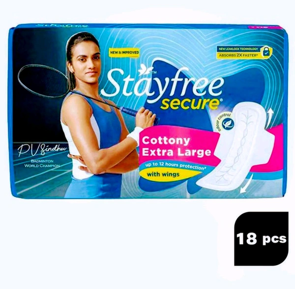 Stayfree Secure Cottony Sanitary Napkin with Wings (XL) 18 pads