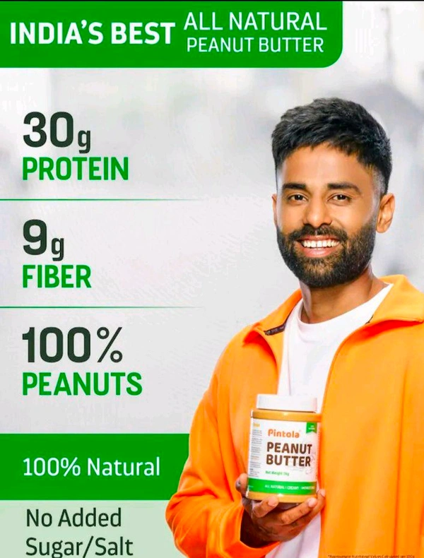 Pintola All Natural Peanut Butter (Crunchy) | Unsweetened | 30g Protein | Non GMO | Gluten Free | Vegan | Cholesterol Free (350g)