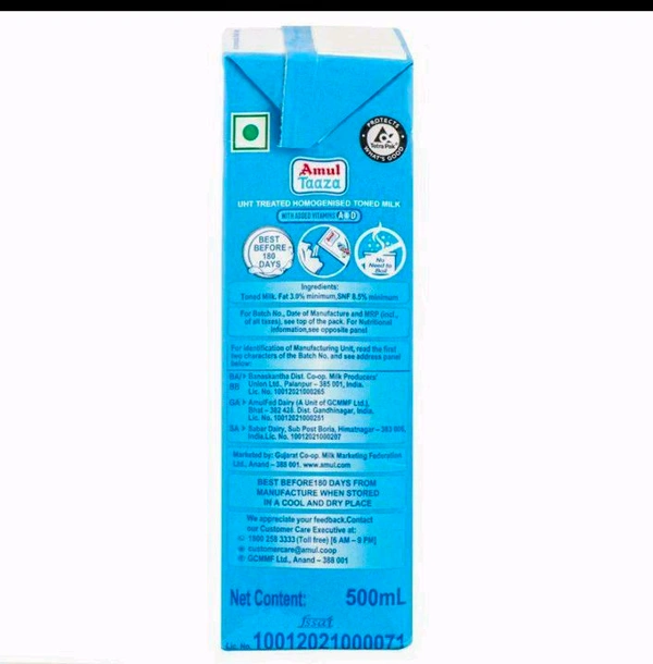 Amul Taaza Toned Milk 500 ml (Tetra Pak)