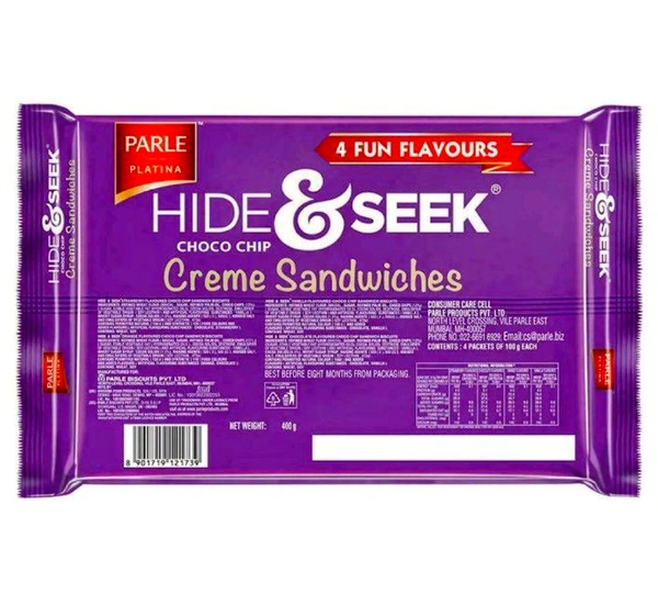 Parle Hide & Seek 4 Fun Flavours Choco Chip Creme Sandwich Biscuits 400 g