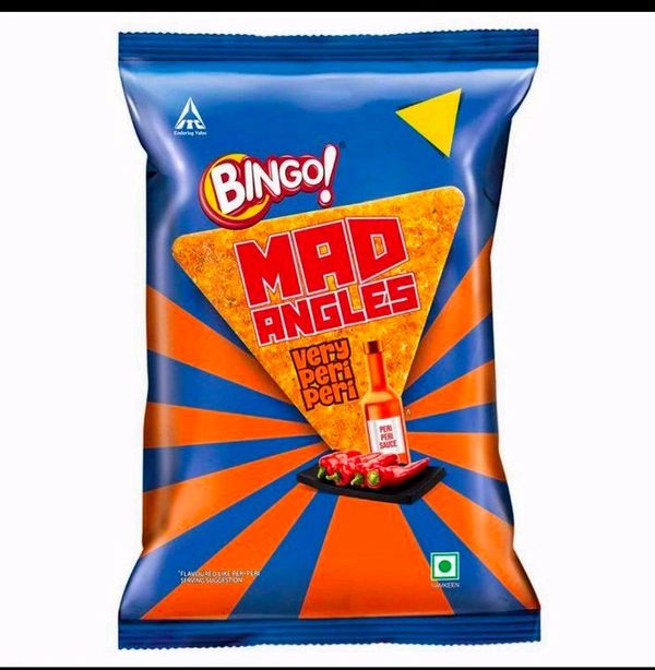 Bingo! Mad Angles Very Peri Peri - Spicy & Crunchy Corn-Based Triangle Chips Pack for Snacks - 117g