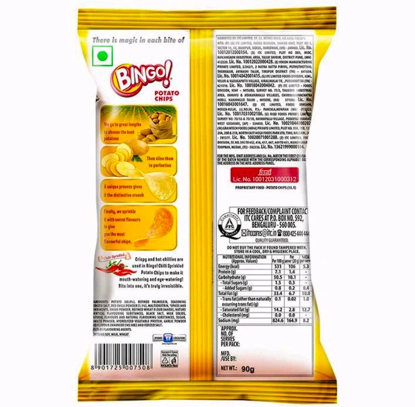Bingo! Original Style Chilli Sprinkled - Flat Cut Spicy Potato Chips Pack for Snacks - 90g