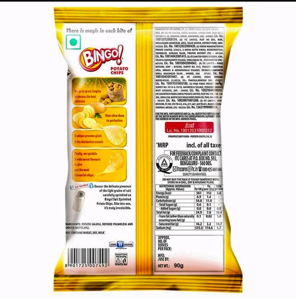 Bingo! Original Style Salt Sprinkled - Flat Cut Salted Potato Chips Pack for Snacks - 90g