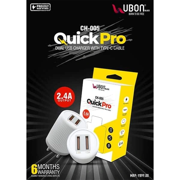 Ubon CH 005 2.4A Fast Charging Dual USB Port Wall Adapter with Type – C cable