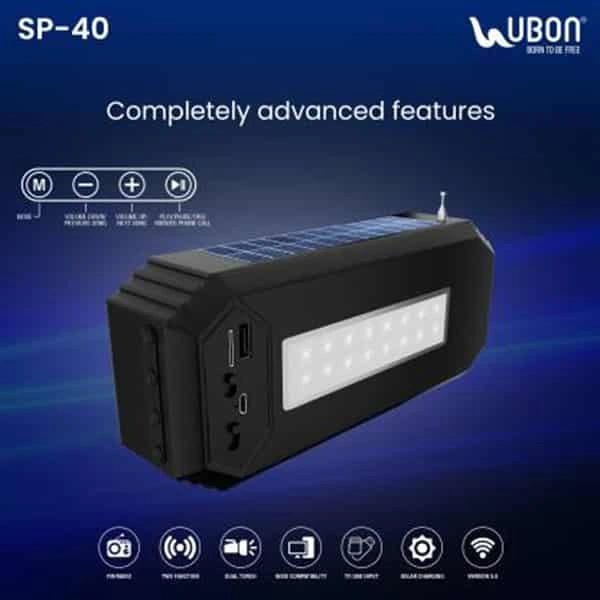 Ubon SP-40 Solar Chargeable Dual Torch 12W TWS Wireless Speaker - Red - Red