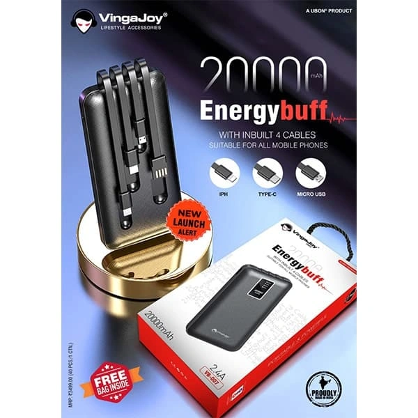 VingaJoy Vingajoy VB-007 20000 mAh EnergyBuff Power Bank with inbuilt Type C/V8/iPhone/USB Cable