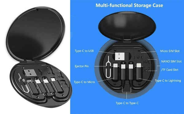 A2P All in One 60W USB Fast Charging Travel Cable Set Powerlink 9 in1 Functions Type C-C Cable Black Micro USB-A Convertor Phone Stand, Nano Sim Storage Space with Sim Tool