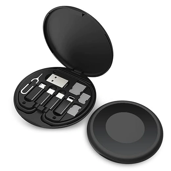 A2P All in One 60W USB Fast Charging Travel Cable Set Powerlink 9 in1 Functions Type C-C Cable Black Micro USB-A Convertor Phone Stand, Nano Sim Storage Space with Sim Tool