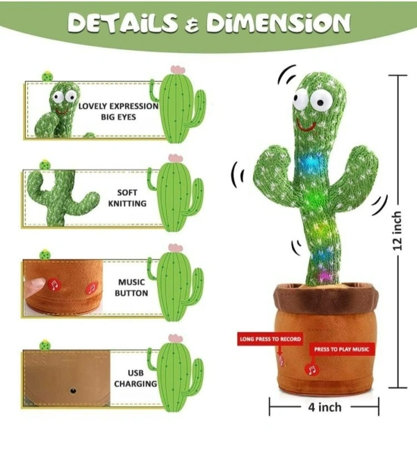 Rechargable Dancing Cactus Toy for Kids  Talking Singing Children Baby Plush Electronic Toys Voice Recording Repeats What You Say LED Lights - Green, 1000004