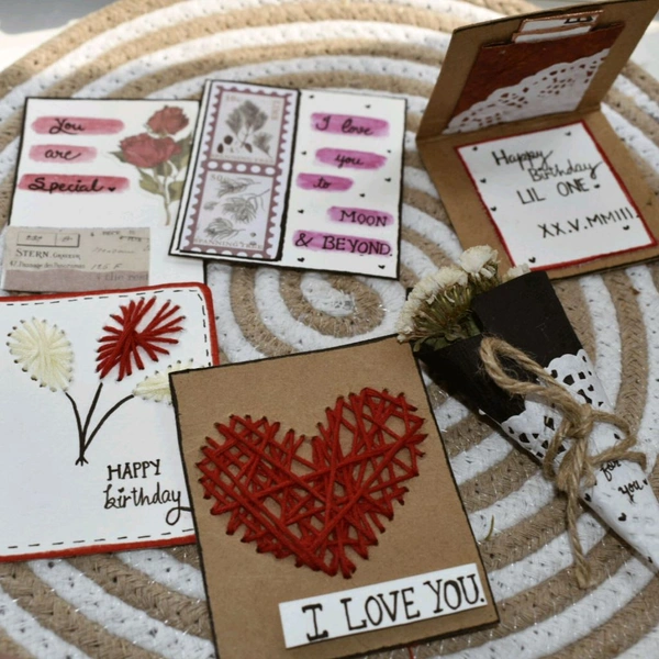 Birthday Gift Hamper. 5 Cards and a flower Bouquet. Polaroid Photos Can Be Added Too.