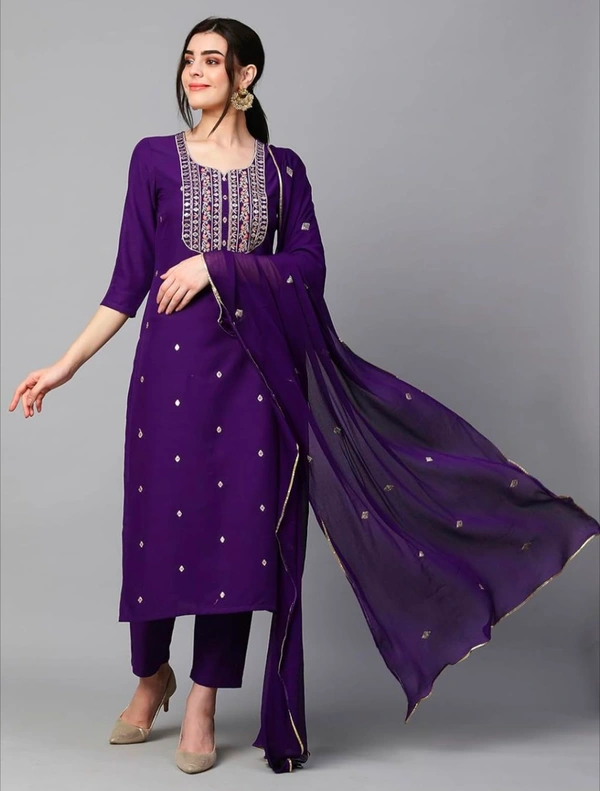 Violet Cotton Blend Embroidered Straight Kurta With Dupatta And Bottomwear - XXL