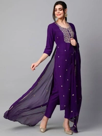 Violet Cotton Blend Embroidered Straight Kurta With Dupatta And Bottomwear - S