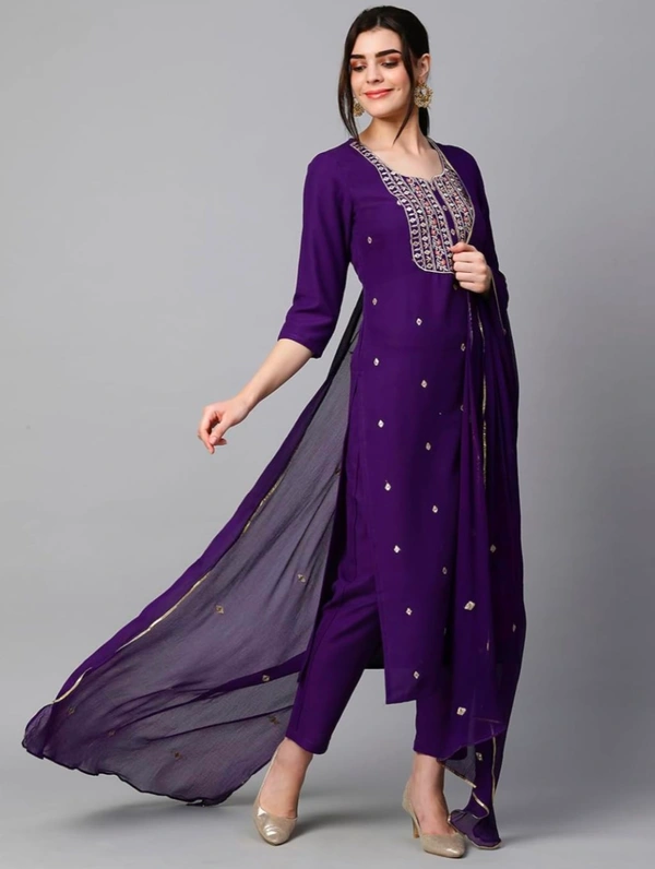 Violet Cotton Blend Embroidered Straight Kurta With Dupatta And Bottomwear - XL