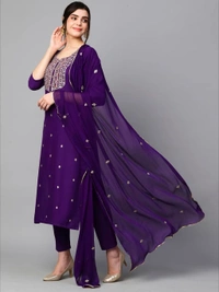Violet Cotton Blend Embroidered Straight Kurta With Dupatta And Bottomwear - S
