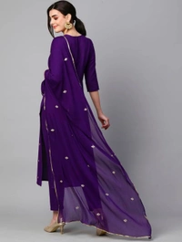 Violet Cotton Blend Embroidered Straight Kurta With Dupatta And Bottomwear - S