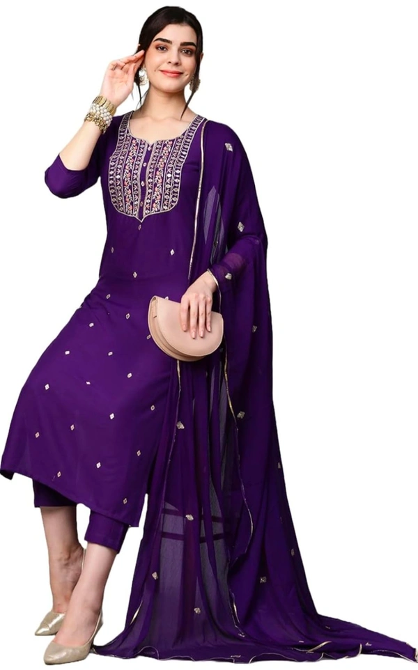 Violet Cotton Blend Embroidered Straight Kurta With Dupatta And Bottomwear - XL