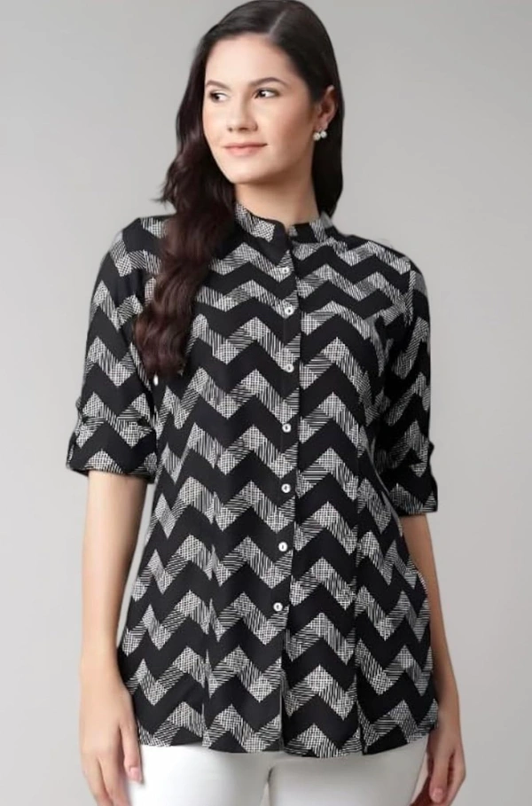 Women Rayon 3/4 Sleeves, Relaxed Fit, Mandarin collar, Black Top with Zigzag Print - XS