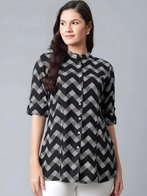 Women Rayon 3/4 Sleeves, Relaxed Fit, Mandarin collar, Black Top with Zigzag Print - XS