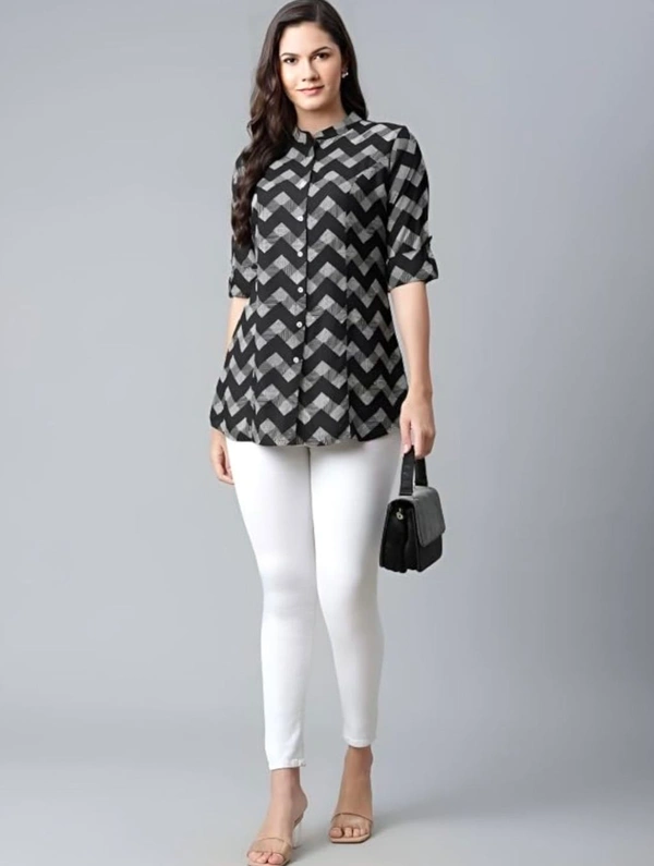 Women Rayon 3/4 Sleeves, Relaxed Fit, Mandarin collar, Black Top with Zigzag Print - XS