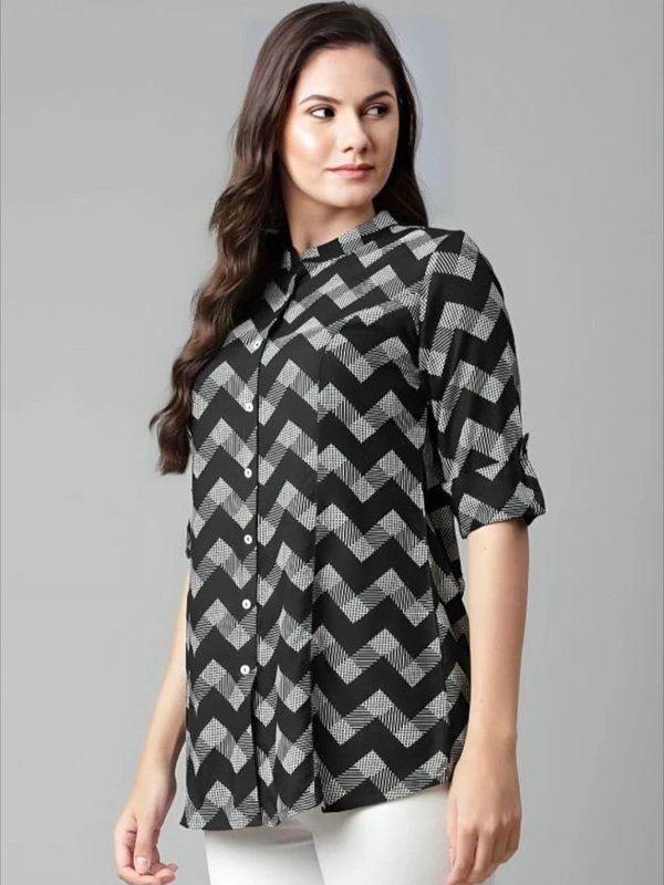 Women Rayon 3/4 Sleeves, Relaxed Fit, Mandarin collar, Black Top with Zigzag Print - XS