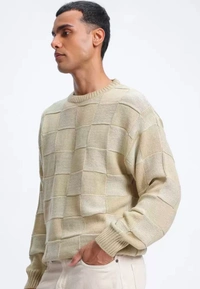 Glitchez Streetwear Knit Checked Drop-Shoulder Pullover - L