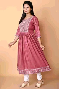 FairyTeller Women Embroidered Cotton Blend A-line Kurta (Purple) - S