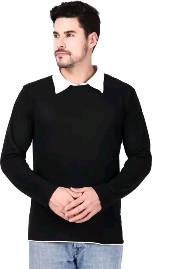 HouseOfCommon Men Solid Polo Neck Cotton Blend Black T-Shirt - S