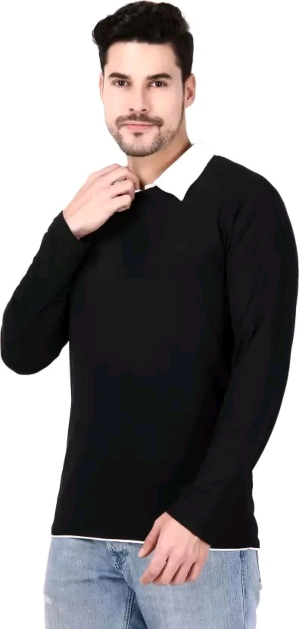 HouseOfCommon Men Solid Polo Neck Cotton Blend Black T-Shirt - S