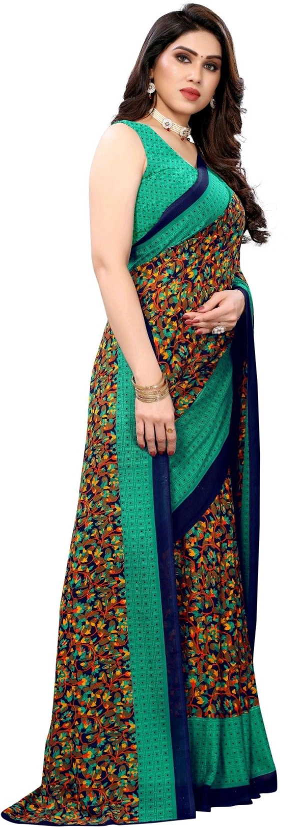 AYKA CLOTHINGS Printed, Geometric Print, Floral Print Bollywood Georgette, Chiffon Saree (Green)