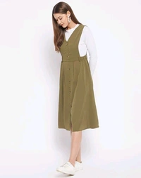 WineRed olive Green Solid Pinafore Dress - L, Christi
