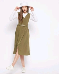 WineRed olive Green Solid Pinafore Dress - L, Christi