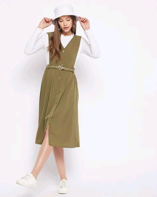 WineRed olive Green Solid Pinafore Dress - M, Christi