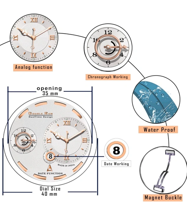 DOUBLERUN Chonograph Date Display Analoge Silicone Magnetic Strap Watch for Men, Series S-160-00