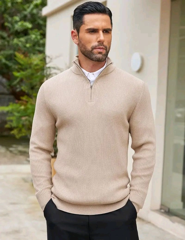 ColorChakra Men Self Design High Neck Sweater - L, Olive Green