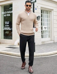 ColorChakra Men Self Design High Neck Sweater - XL, Olive Green