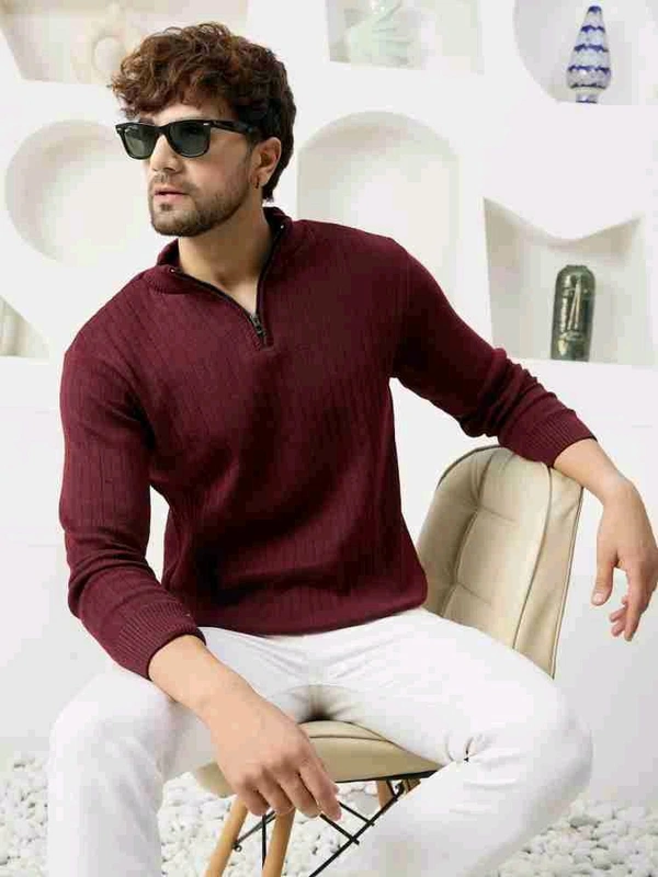 KVETOO Men Self Design High Neck Maroon Sweater - L