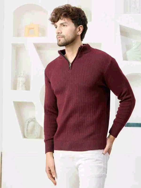 KVETOO Men Self Design High Neck Maroon Sweater - L