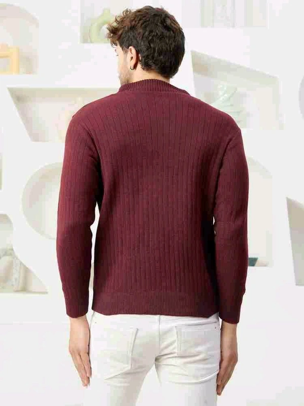 KVETOO Men Self Design High Neck Maroon Sweater - L