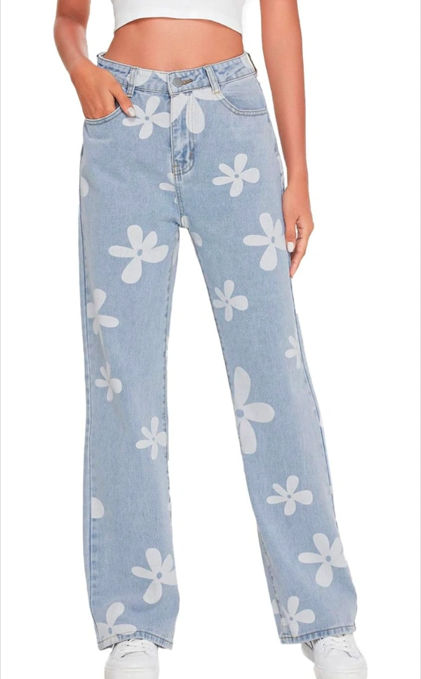 MakeMeChic Women's Floral Print High Waist Wide Leg Jeans Long Denim Pants - 32