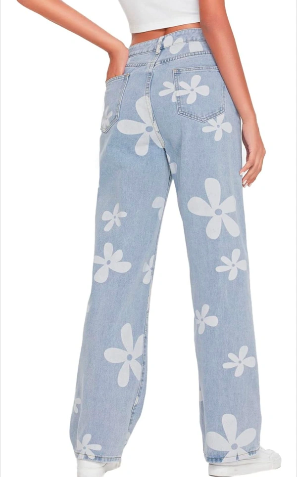 MakeMeChic Women's Floral Print High Waist Wide Leg Jeans Long Denim Pants - 26