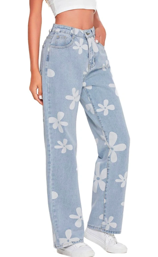 MakeMeChic Women's Floral Print High Waist Wide Leg Jeans Long Denim Pants - 36