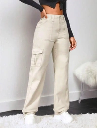 NUCOUTHS New Women Cargo Flap Pocket Denim Cream Jeans Pant (6POCKET_Cream_B) - 34