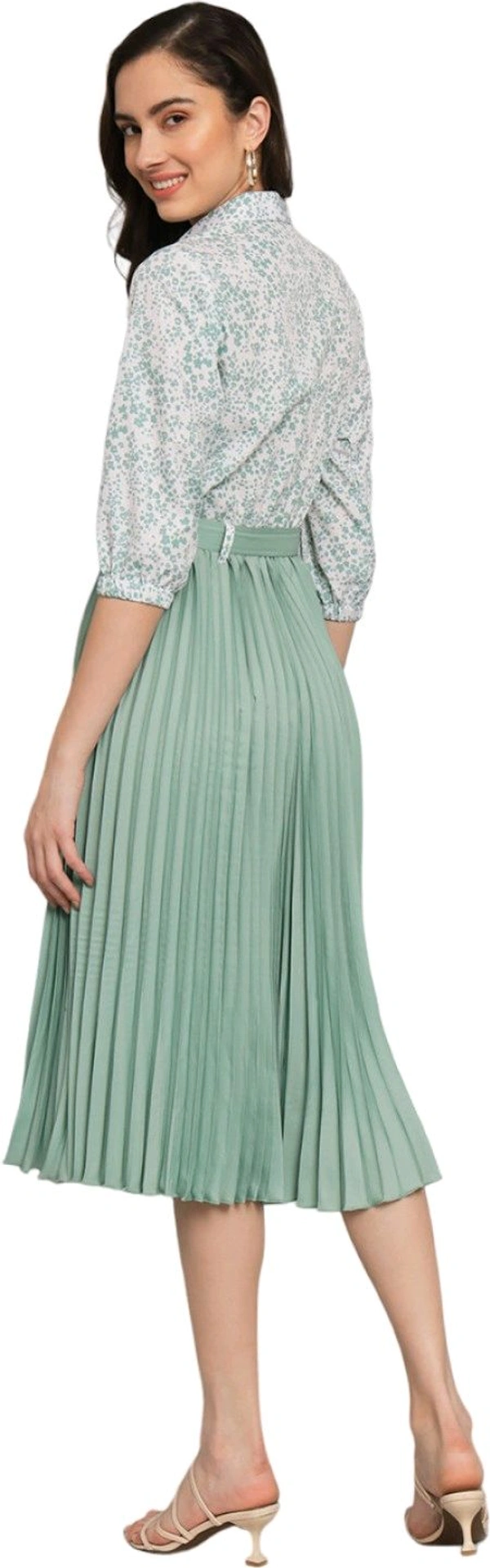 ZWERLON Women Fit and Flare Light Green, White Dress - M