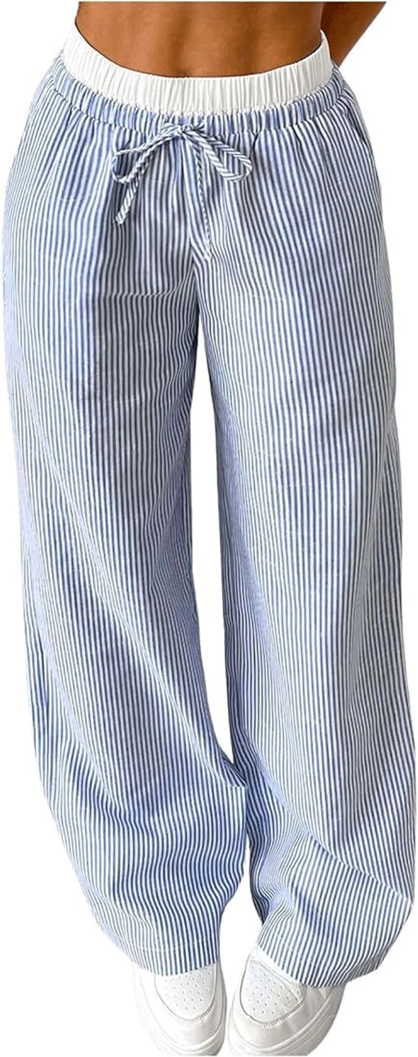  Frenchy Women's Drawstring Waist Striped Casual Trousers - Xs