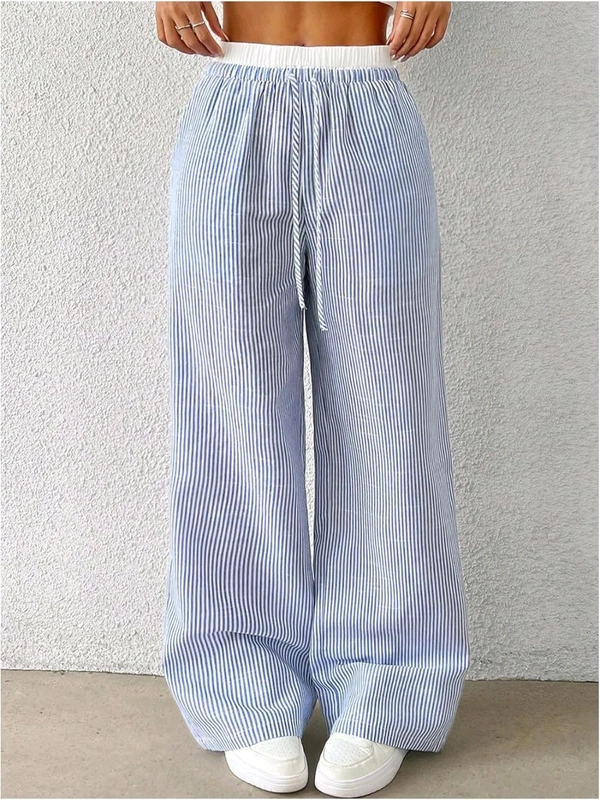  Frenchy Women's Drawstring Waist Striped Casual Trousers - Xs